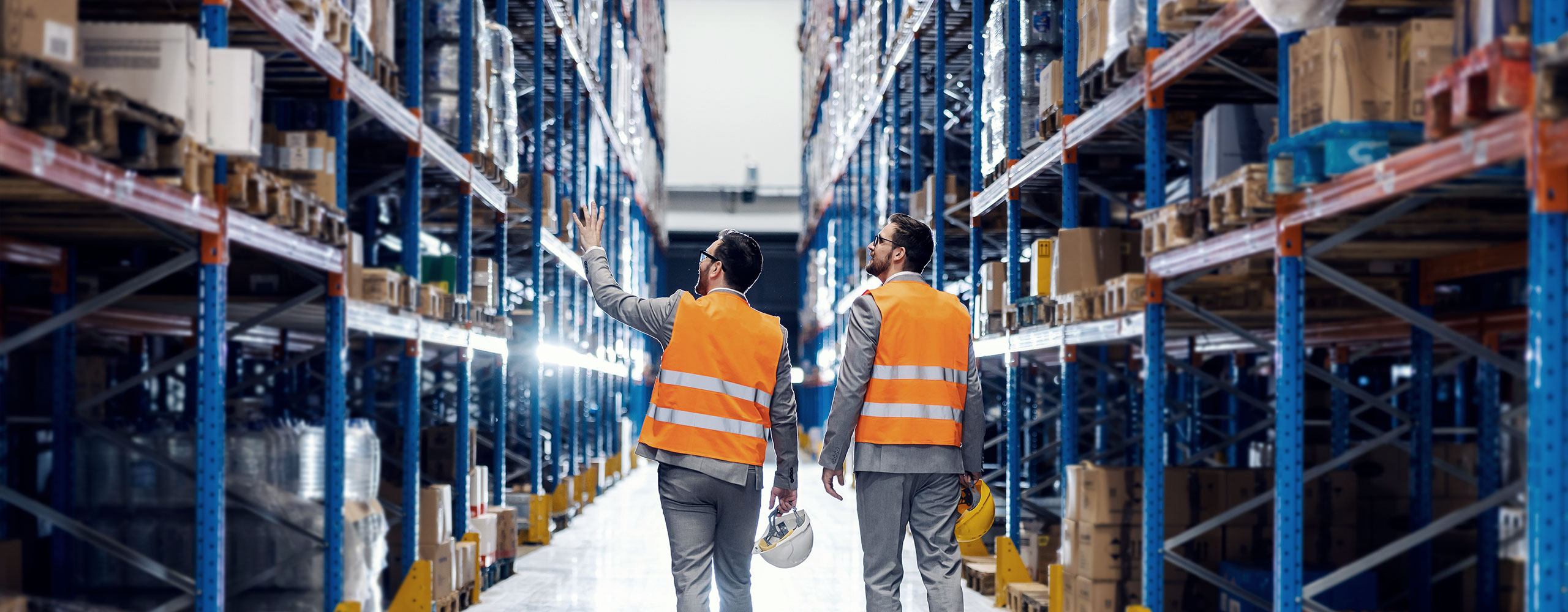 Two warehousing professionals walking through short and long-term storage racks